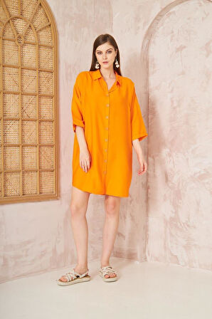 Kadın Midi Salaş Yarım Katlanır Kollu Keten Gömlek Elbise /kısa Yazlık Tunik Elbise 3582240