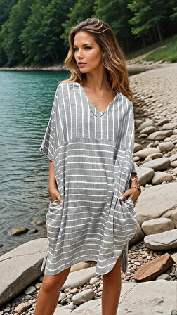 Kadın Keten V Yaka Çizgili Cepli Salaş Günlük Yazlık Giy Çık Oversize Elbise 3340286