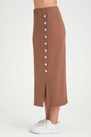 Kadın Beli Lastikli Düğme Detaylı Yırtmaçlı Likralı Kaşkorse Uzun Günlük Etek 3599170