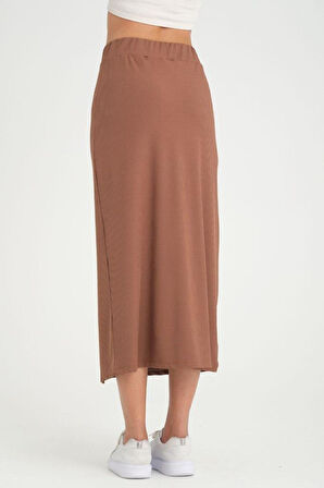 Kadın Beli Lastikli Düğme Detaylı Yırtmaçlı Likralı Kaşkorse Uzun Günlük Etek 3599170