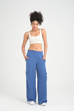 Kadın Kaliteli Yumuşak Kupra Kumaş Cepli Beli Lastikli Bol Paça Kargo Pantolon 3600230