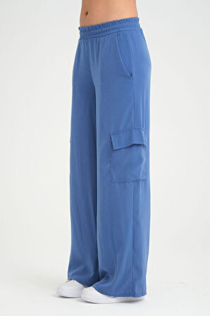 Kadın Kaliteli Yumuşak Kupra Kumaş Cepli Beli Lastikli Bol Paça Kargo Pantolon 3600230