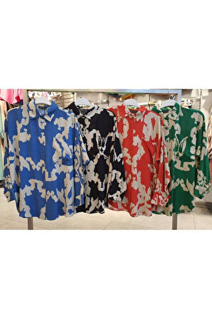 Kadın Viskon Uzun Kollu Pliseli Dökümlü Bol Kesim Yazlık Tunik Gömlek İndigo Mavi Bej 3457220