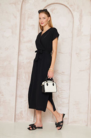 Kadın %100 Müslin Pamuk Yırtmaçlı Kruvaze Beli Kuşaklı Salaş Uzun Günlük Elbise 3612330