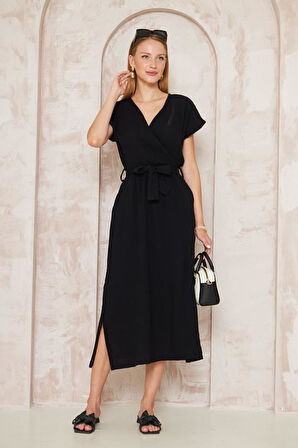 Kadın %100 Müslin Pamuk Yırtmaçlı Kruvaze Beli Kuşaklı Salaş Uzun Günlük Elbise 3612330