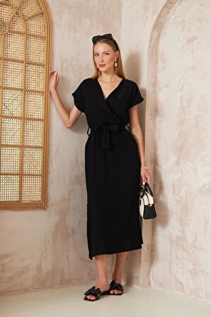 Kadın %100 Müslin Pamuk Yırtmaçlı Kruvaze Beli Kuşaklı Salaş Uzun Günlük Elbise 3612330