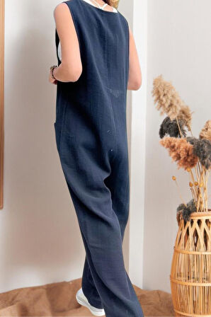 Kadın Siyah Müslin Salaş Askılı Rahat Kesim Cepli  Tulum 3613370