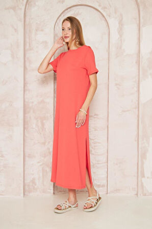 Kadın Kısa Kollu Tam Boy Giy Çık Basic Elbise / Omzu Düğmeli / Yırtmaçlı /günlük Spor 3618260