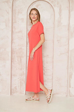 Kadın Kısa Kollu Tam Boy Giy Çık Basic Elbise / Omzu Düğmeli / Yırtmaçlı /günlük Spor 3618260