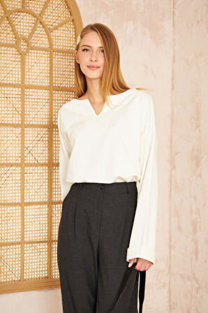 Kadın Ekstra Uzun Duble Kol / Yakası Yırtmaçlı Salaş Sweatshirt Bluz 3470190