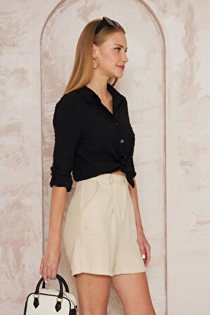 Kadın Pembe Ponponlu Slim Fit Uzun Kollu Gömlek Pudra 3621230