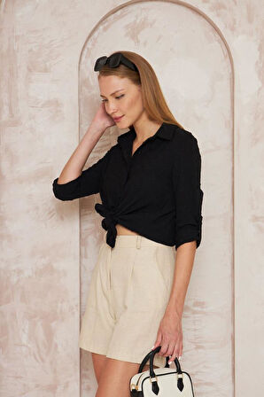 Kadın Pembe Ponponlu Slim Fit Uzun Kollu Gömlek Pudra 3621230