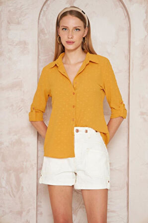 Kadın Pembe Ponponlu Slim Fit Uzun Kollu Gömlek Pudra 3621230