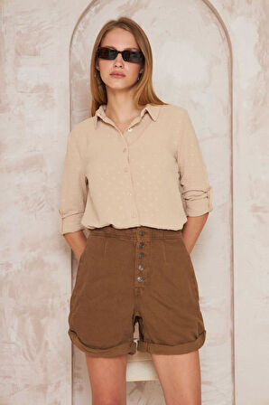 Kadın Pembe Ponponlu Slim Fit Uzun Kollu Gömlek Pudra 3621230