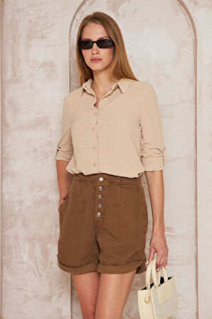 Kadın Pembe Ponponlu Slim Fit Uzun Kollu Gömlek Pudra 3621230