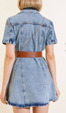 Kadın Ekstra Mini Kemerli A Kesim Kloş Genç Yazlık Kot Elbise KT-0090500