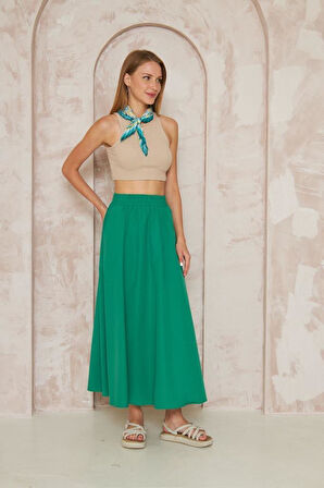 Kadın Benetton Cepli Beli Lastikli Kiloş Dökümlü Bohem Tarz Salaş Uzun Günlük Poplin Etek 3623240