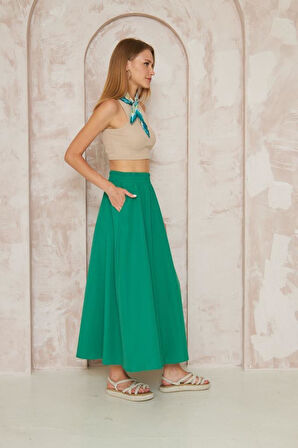 Kadın Benetton Cepli Beli Lastikli Kiloş Dökümlü Bohem Tarz Salaş Uzun Günlük Poplin Etek 3623240