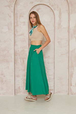 Kadın Benetton Cepli Beli Lastikli Kiloş Dökümlü Bohem Tarz Salaş Uzun Günlük Poplin Etek 3623240