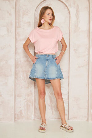 Kadın Sarı Eteği Lastikli Kısa Kol Geniş Yuvarlak Yaka Cepli Crop Bluz 3624150