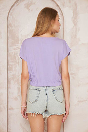 Kadın Sarı Eteği Lastikli Kısa Kol Geniş Yuvarlak Yaka Cepli Crop Bluz 3624150