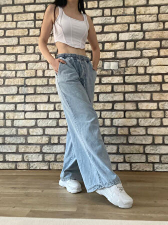 Kadın Bağcıklı Beli Lastikli Bol Paça Kot Pantolon KT088240