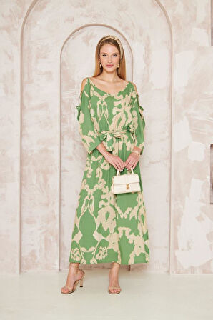 Kadın Indigo Bej Beli Lastikli Kemerli Omuz Dekolte Salaş Uzun Viskon Elbise 3628260