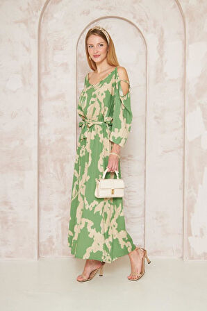 Kadın Indigo Bej Beli Lastikli Kemerli Omuz Dekolte Salaş Uzun Viskon Elbise 3628260