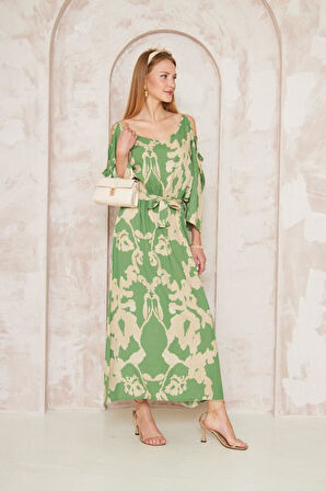 Kadın Indigo Bej Beli Lastikli Kemerli Omuz Dekolte Salaş Uzun Viskon Elbise 3628260