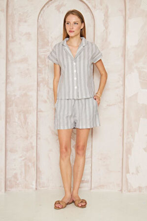 Kadın Özel Kumaş Ceket Yaka Beli Lastikli Kısa Kol Gömlek Cepli Şort Takım 3625290