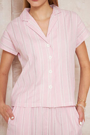 Kadın Özel Kumaş Ceket Yaka Beli Lastikli Kısa Kol Gömlek Cepli Şort Takım 3625290