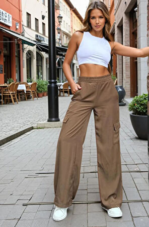 Kadın  Kupra Kumaş Cepli Beli Lastikli Bol Paça Kargo Pantolon 3600270