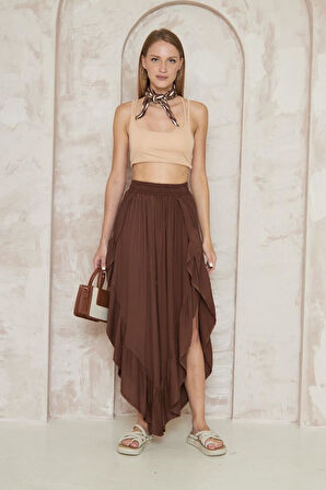 Kadın Otantik Indigo Beli Lastikli Yırtmaçlı Salaş Şalvar Etek Bohem Pantolon 3635270