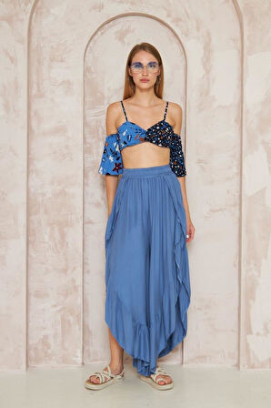 Kadın Otantik Indigo Beli Lastikli Yırtmaçlı Salaş Şalvar Etek Bohem Pantolon 3635270