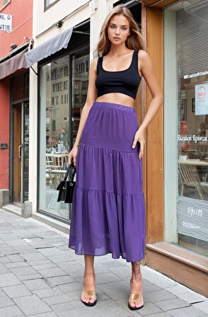 Kadın Şifon İki Katlı Beli Lastikli Uzun Etek 3642220