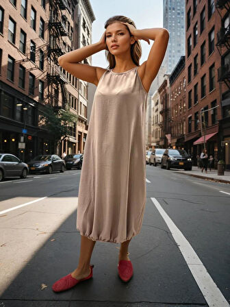 Kadın Eteği Lastikli Kolsuz Airobin Giy-Çık Günlük Rahat Yazlık Elbise 3657286