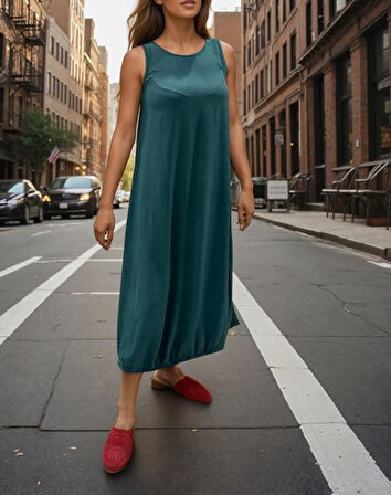 Kadın Eteği Lastikli Kolsuz Airobin Giy-Çık Günlük Rahat Yazlık Elbise 3657286