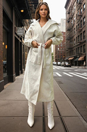 Kadın Balon Kol Uzun Şal Yaka Cepli  Kalın Örgü Triko Salaş Kaban