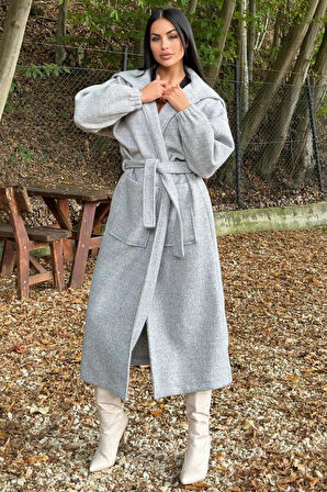 Kadın Balon Kol Uzun Şal Yaka Cepli  Kalın Örgü Triko Salaş Kaban