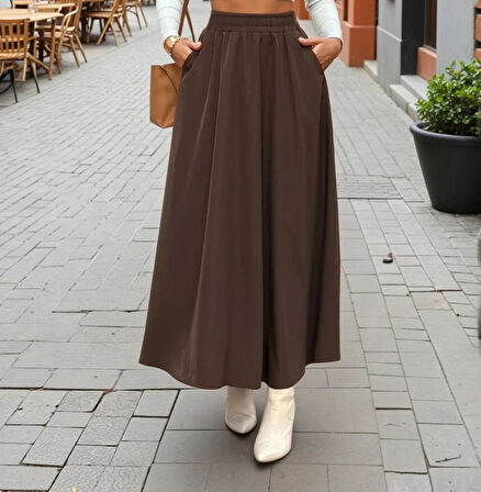 Kadın Yeni Sezon Beli Lastikli  A Kesim Salaş Uzun Yüksek Bel Kupra Etek 3676286