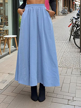 Kadın Yeni Sezon Beli Lastikli  A Kesim Salaş Uzun Yüksek Bel Kupra Etek 3676286