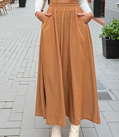 Kadın Yeni Sezon Beli Lastikli  A Kesim Salaş Uzun Yüksek Bel Kupra Etek 3676286