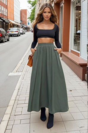 Kadın Yeni Sezon Beli Lastikli  A Kesim Salaş Uzun Yüksek Bel Kupra Etek 3676286