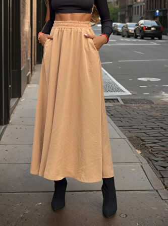 Kadın Yeni Sezon Beli Lastikli  A Kesim Salaş Uzun Yüksek Bel Kupra Etek 3676286