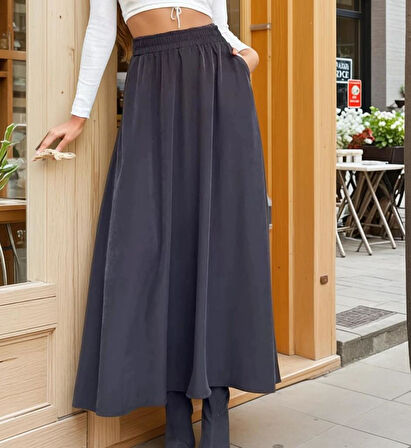 Kadın Yeni Sezon Beli Lastikli  A Kesim Salaş Uzun Yüksek Bel Kupra Etek 3676286