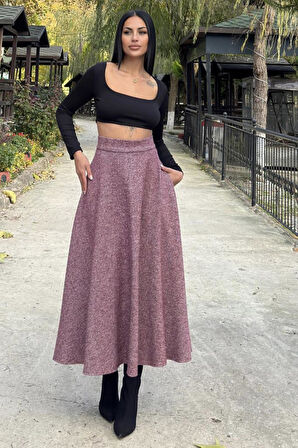 Kadın Kışlık Kırçıllı Kaşe Etek, Cepli, Yüksek Bel, Uzun, Kiloş 3528275