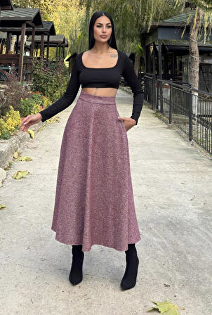 Kadın Kışlık Kırçıllı Kaşe Etek, Cepli, Yüksek Bel, Uzun, Kiloş 3528275