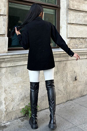 Kadın Siyah Oversize Gabardin Kot Ceket Gömlek – Geniş Cepli, Düğme Detaylı KT00-100451