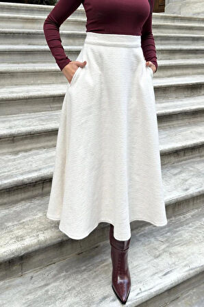 Kadın Kışlık Kırçıllı Kaşe Etek, Cepli, Yüksek Bel, Uzun, Kiloş 3528275