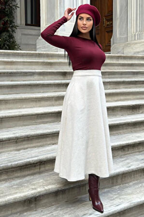 Kadın Kışlık Kırçıllı Kaşe Etek, Cepli, Yüksek Bel, Uzun, Kiloş 3528275